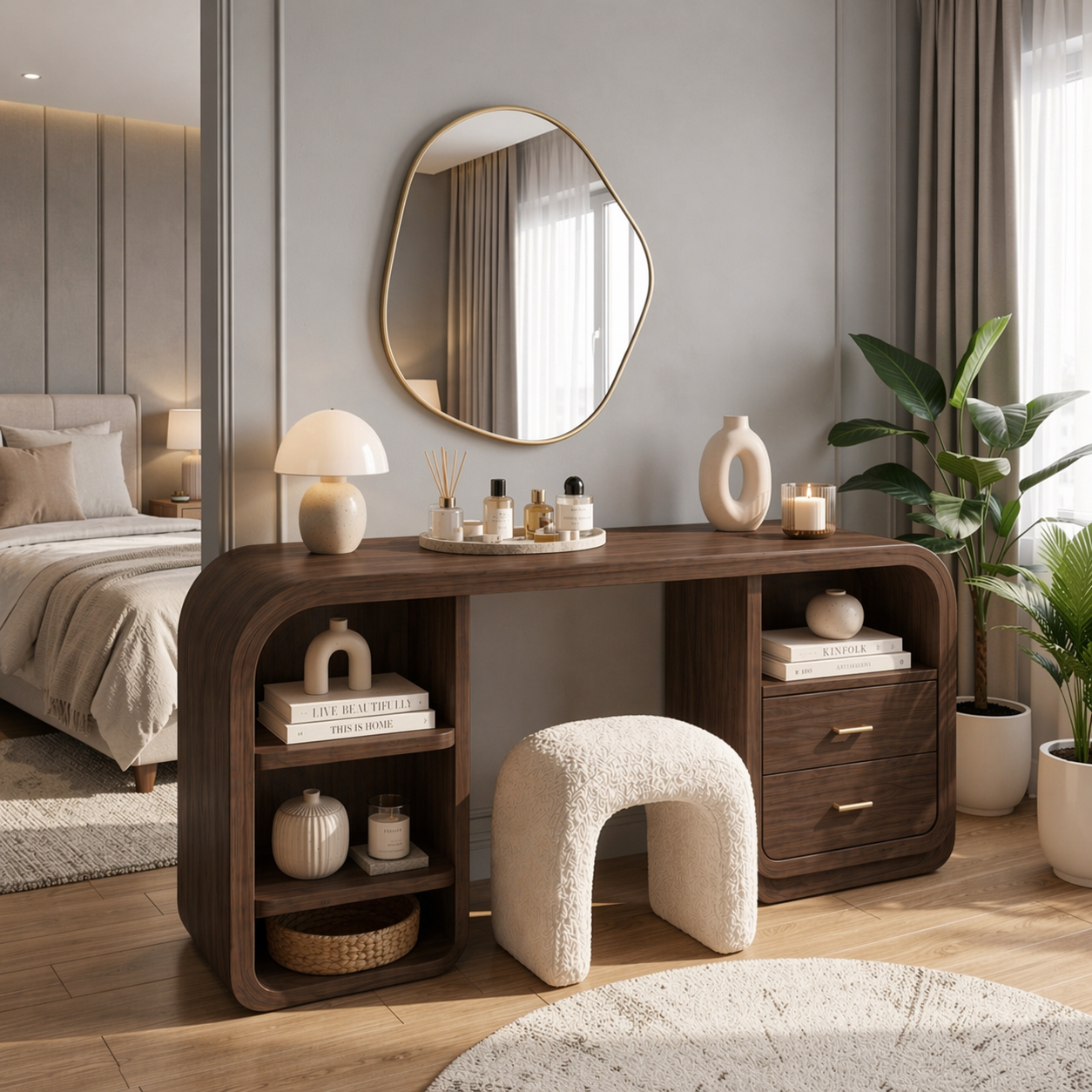 Solid Wood Makeup Vanity Desk with Rounded Design and Drawer Storage