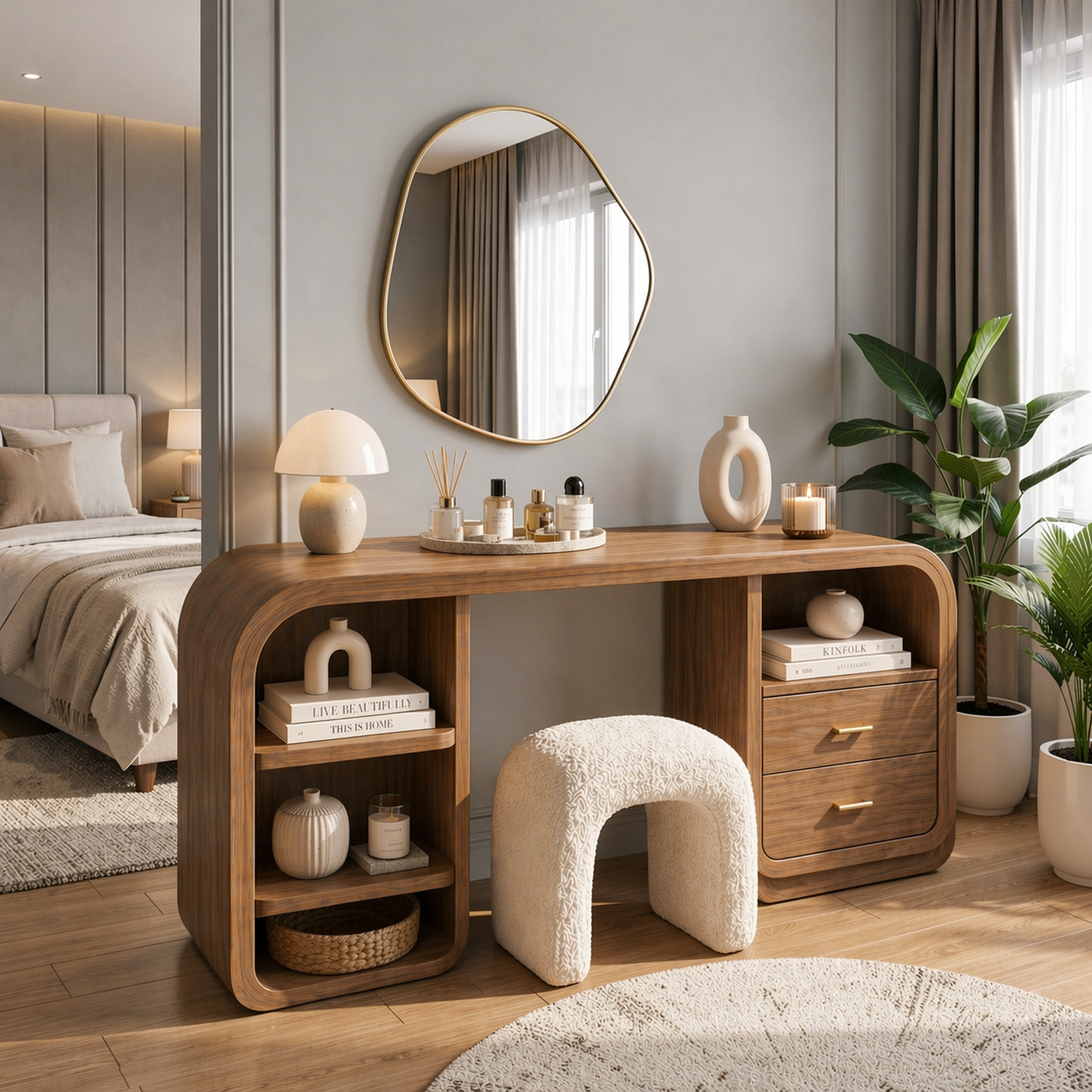 Solid Wood Makeup Vanity Desk with Rounded Design and Drawer Storage