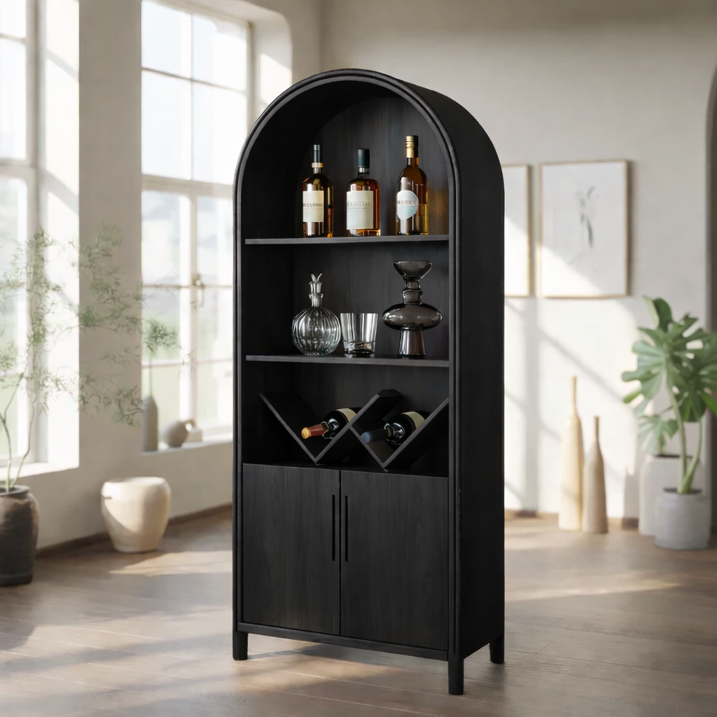 Handcrafted Solid Wood Wine Cabinet Arched Display Shelf Mid Century Modern Bar Storage Furniture