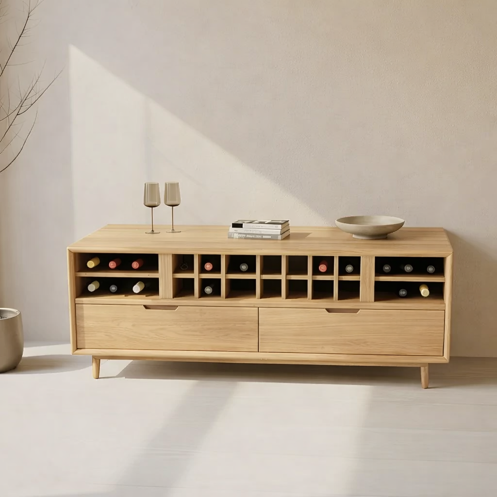 Handcrafted Solid Wood Wine Cabinet Console Mid Century Modern Low Bar Storage Furniture Sideboard