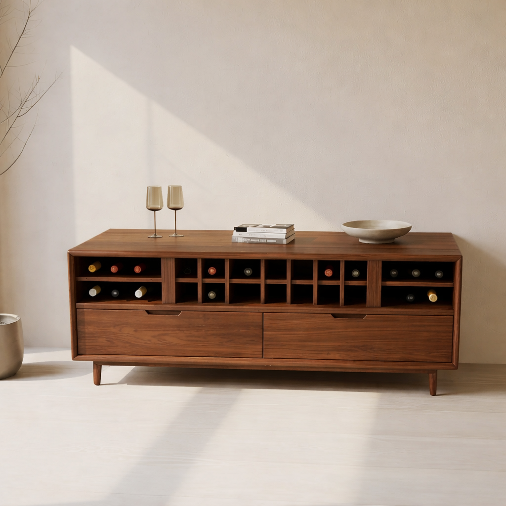 Handcrafted Solid Wood Wine Cabinet Console Mid Century Modern Low Bar Storage Furniture Sideboard