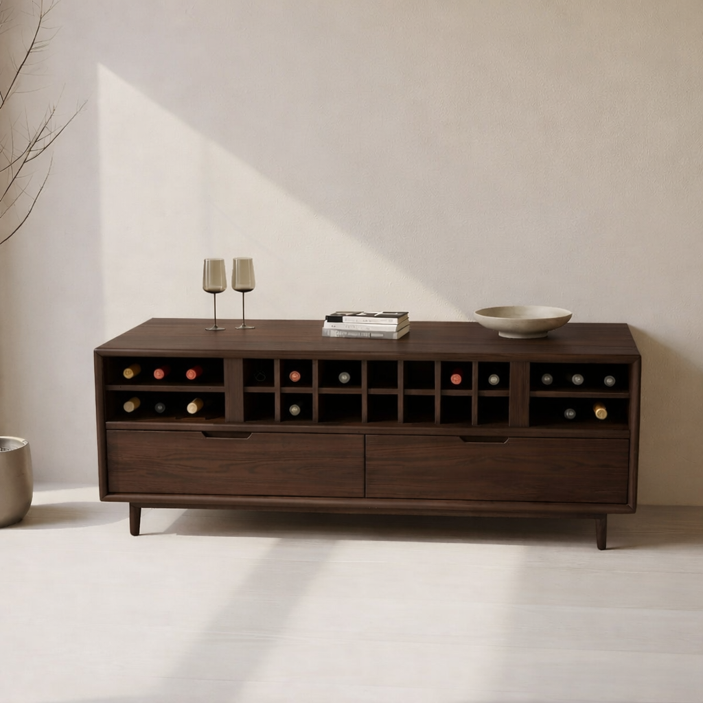 Handcrafted Solid Wood Wine Cabinet Console Mid Century Modern Low Bar Storage Furniture Sideboard