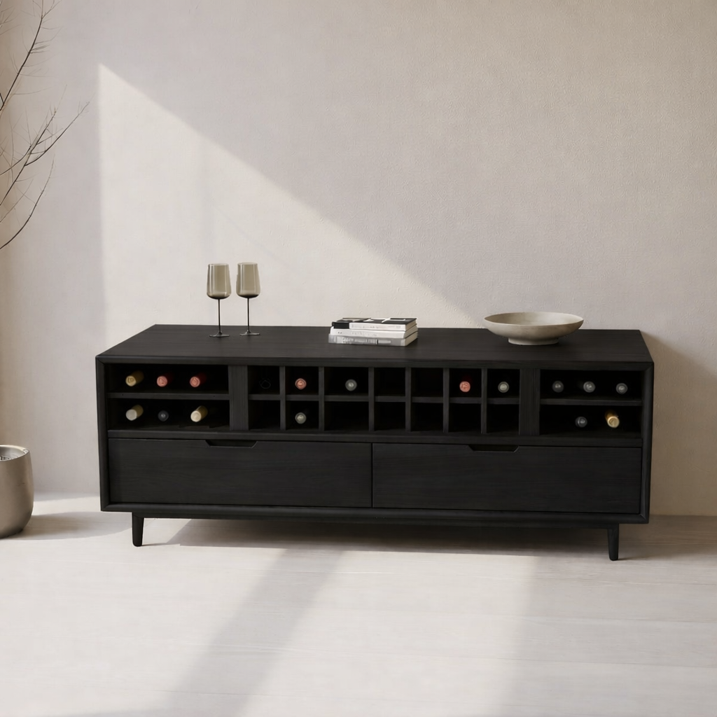 Handcrafted Solid Wood Wine Cabinet Console Mid Century Modern Low Bar Storage Furniture Sideboard