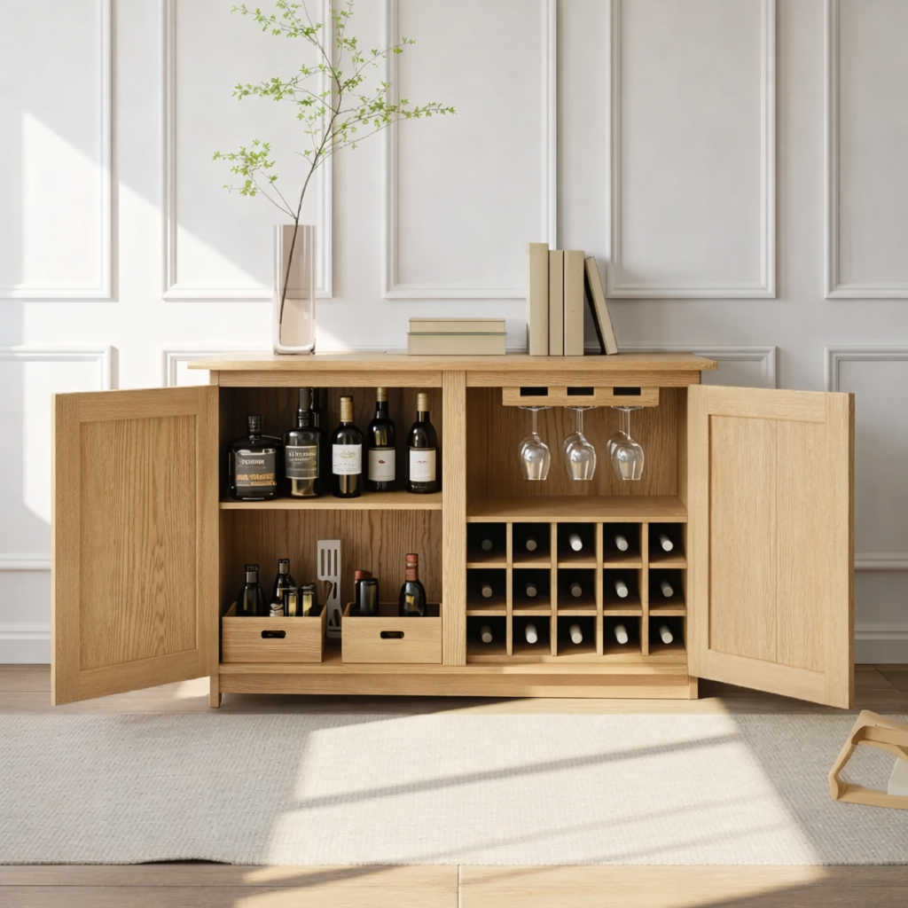 Handcrafted Solid Wood Wine Cabinet Sideboard with Glass Rack Mid Century Bar Storage