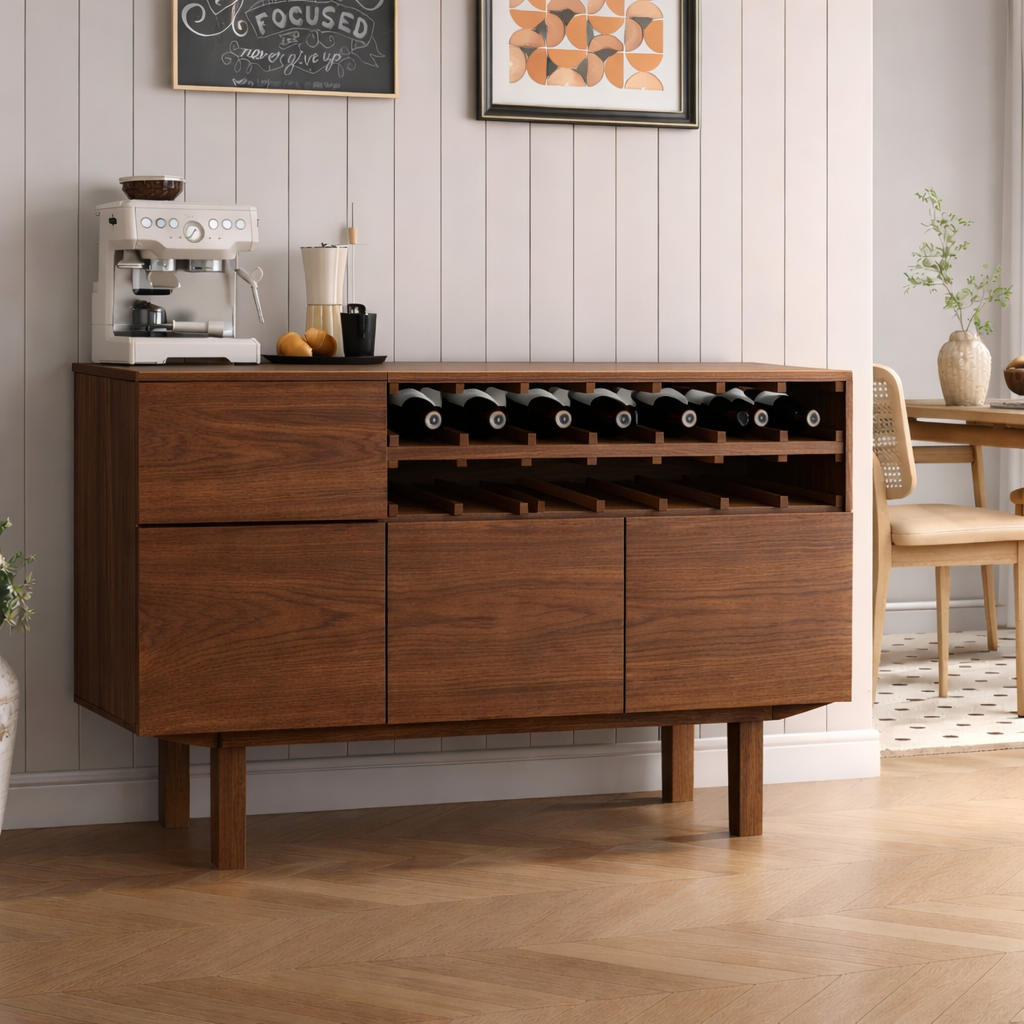 Handcrafted Solid Oak Wine Cabinet Mid Century Bar Sideboard with Bottle Rack Storage