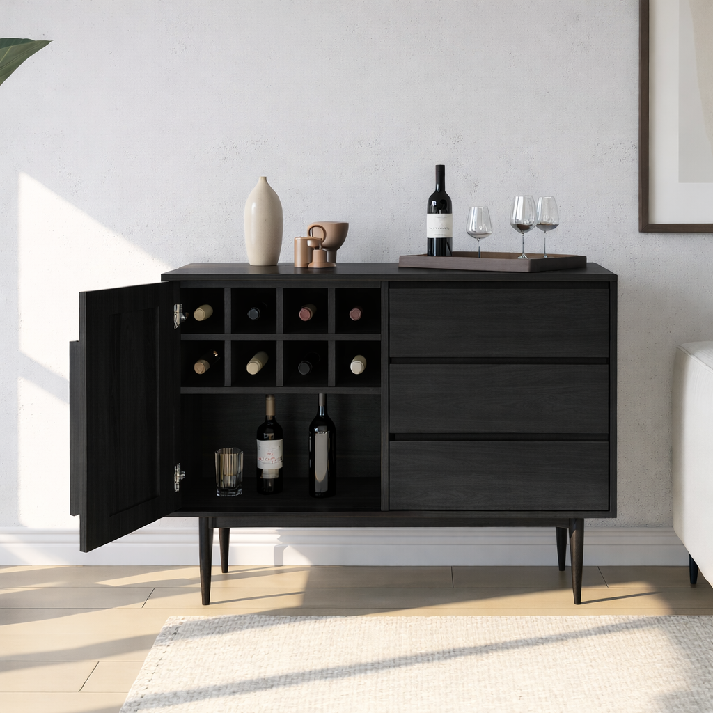 Handcrafted Solid Wood Wine Cabinet Mid Century Bar Sideboard with Drawers and Bottle Grid