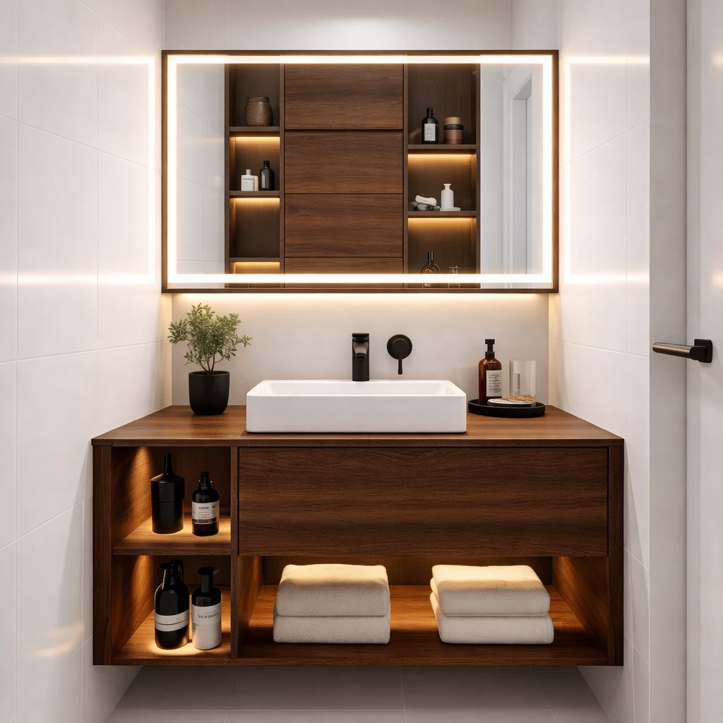 Floating Solid Wood Bathroom Vanity with Drawer and Open Shelves – Modern Minimalist Vanity Cabinet