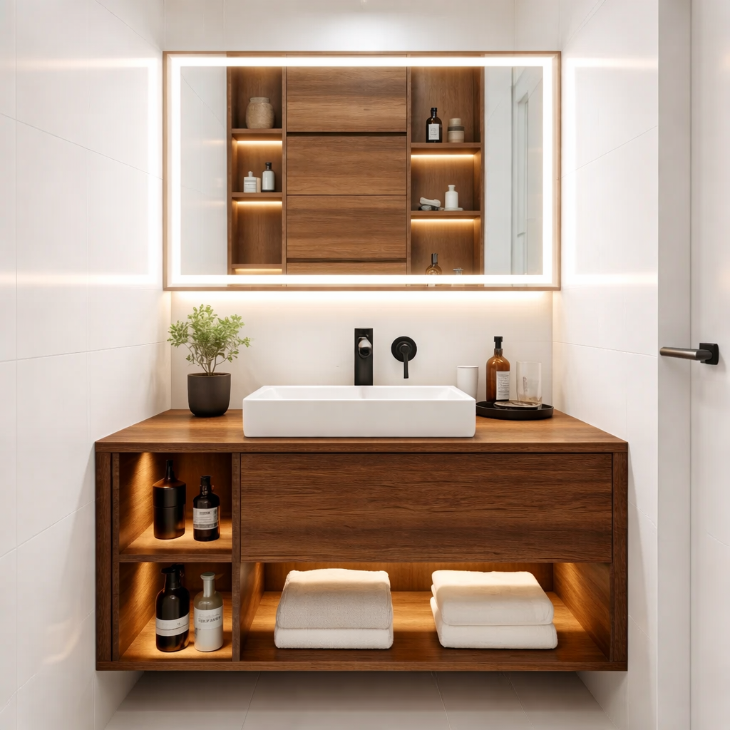 Floating Solid Wood Bathroom Vanity with Drawer and Open Shelves – Modern Minimalist Vanity Cabinet