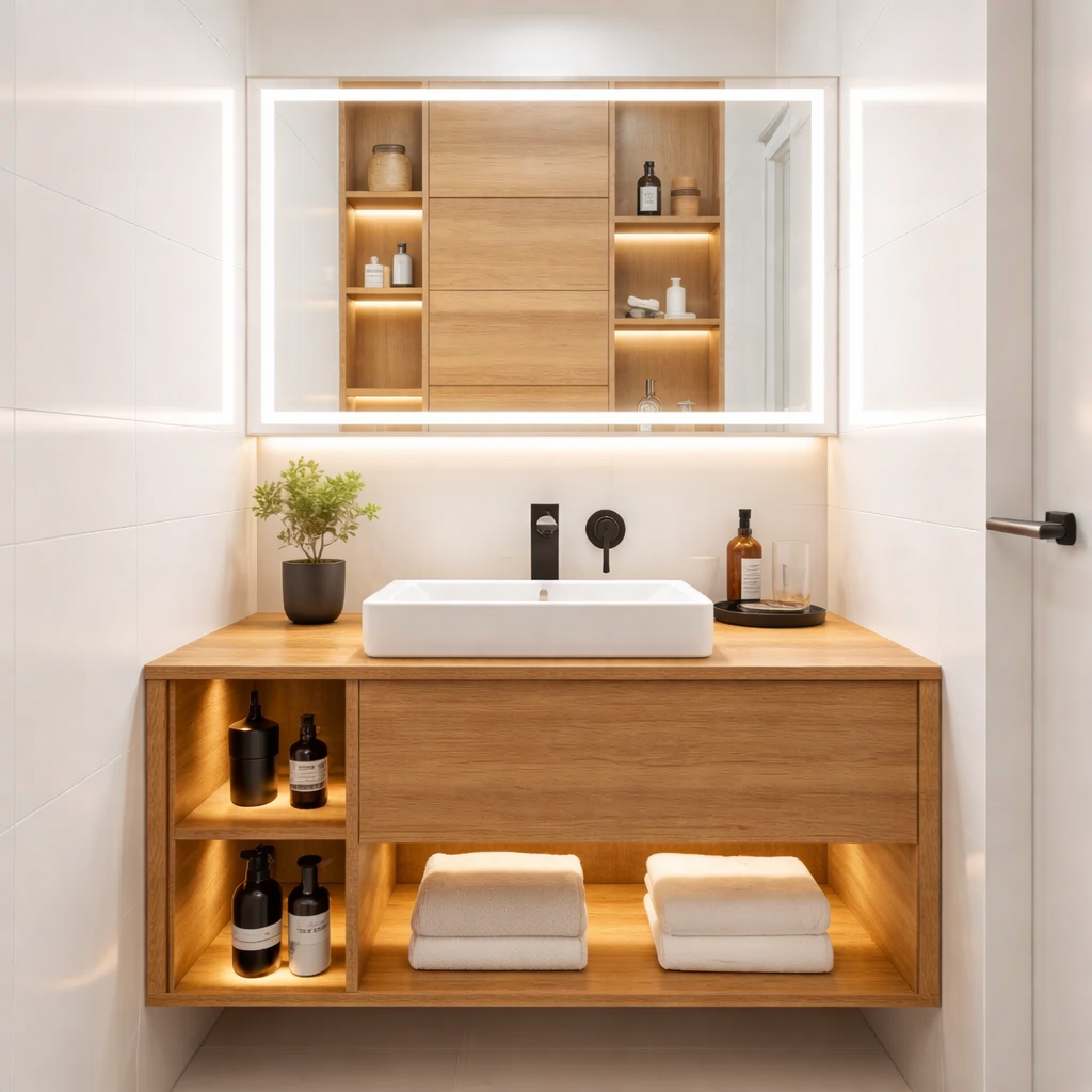 Floating Solid Wood Bathroom Vanity with Drawer and Open Shelves – Modern Minimalist Vanity Cabinet
