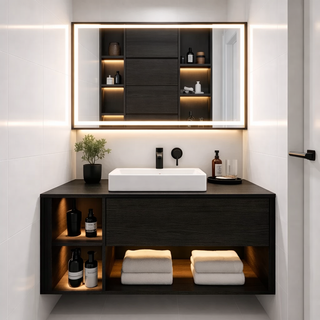 Floating Solid Wood Bathroom Vanity with Drawer and Open Shelves – Modern Minimalist Vanity Cabinet