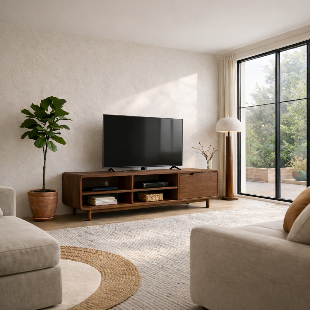 Solid Wood TV Stand with Open Shelves and Sliding Door – Mid-Century Modern Media Console