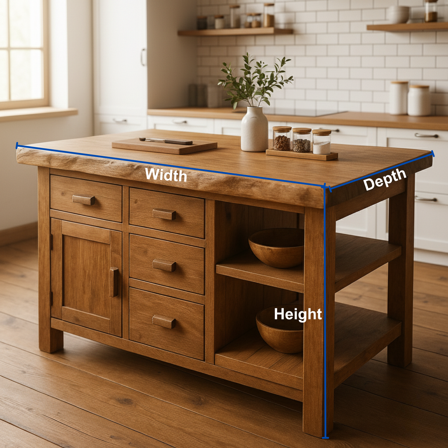 Rustic Solid Wood Kitchen Island with Storage Drawers and Open Shelving