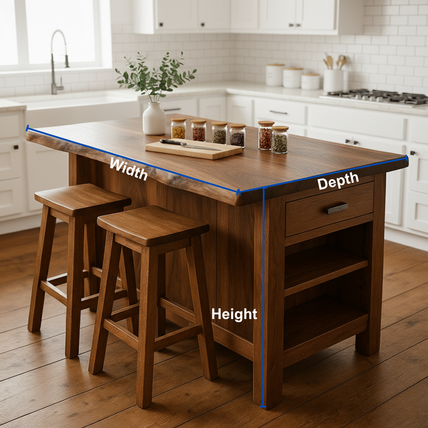 Solid Wood Kitchen Island with Seating, Drawer & Open Shelves – Rustic Modern