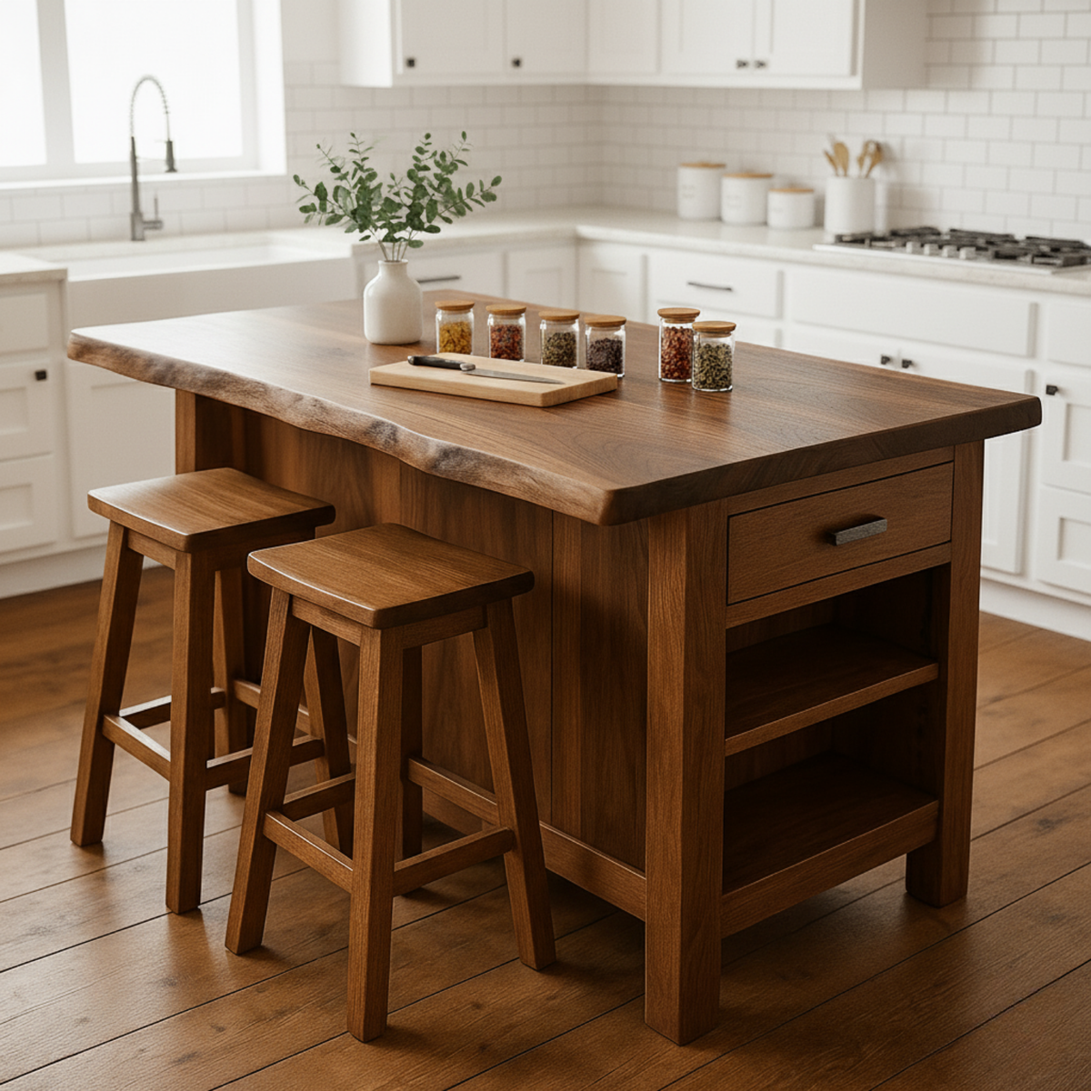 Solid Wood Kitchen Island with Seating, Drawer & Open Shelves – Rustic