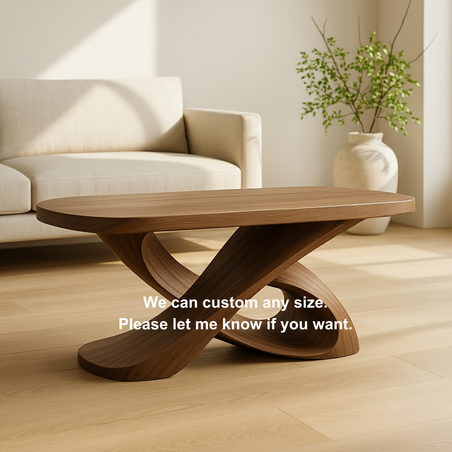Modern Solid Wood Coffee Table with Sculptural Curved Base – Handmade Living Room Table