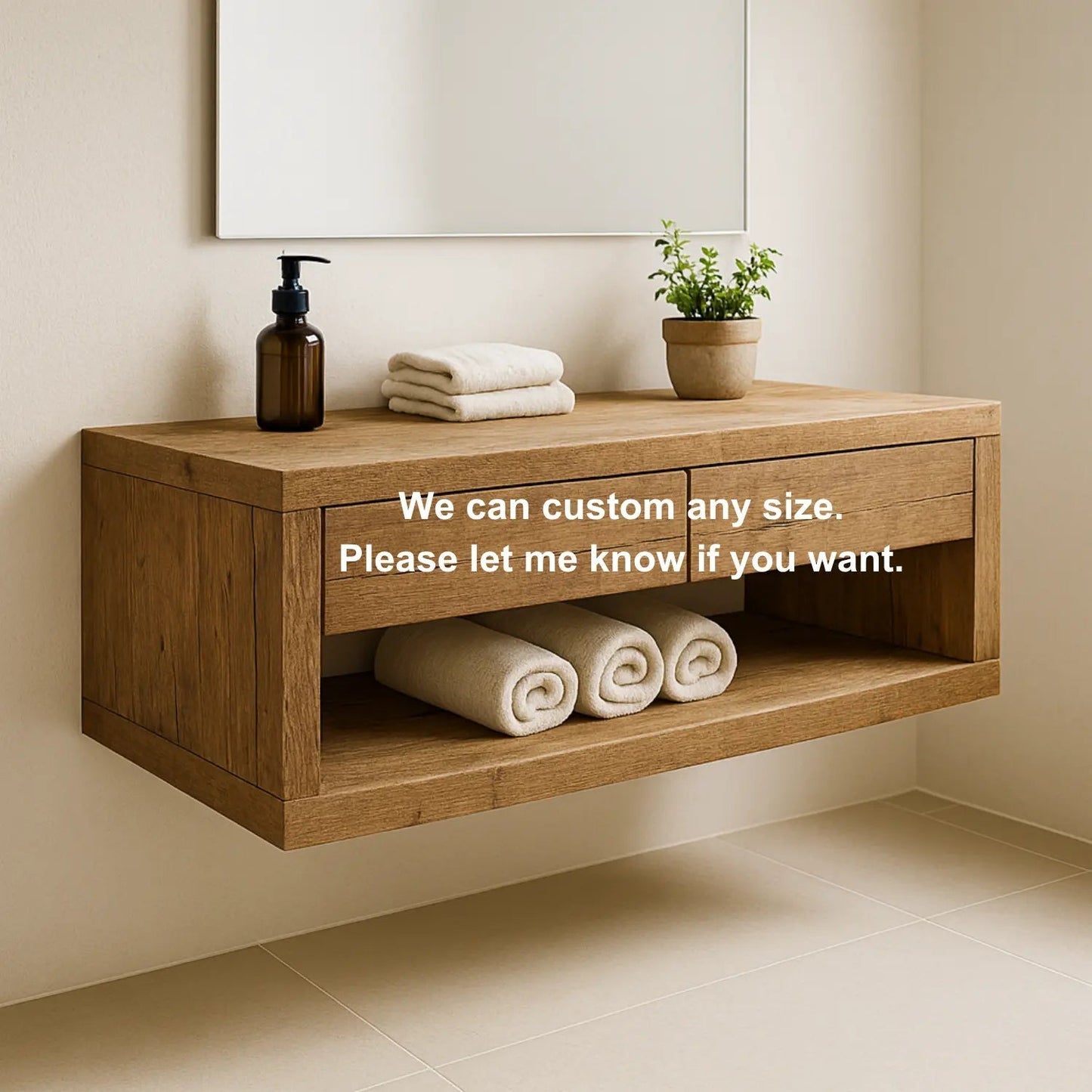 Handcrafted Solid Wood Floating Vanity – Rustic Oak Wall-Mounted Bathroom Cabinet with Drawers and Shelf Kitchnce