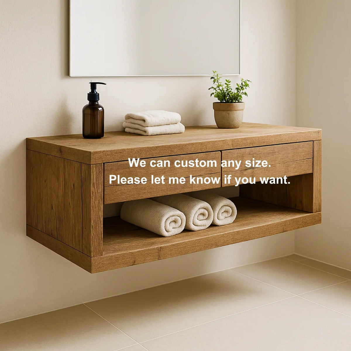 Handcrafted Solid Wood Floating Vanity – Rustic Oak Wall-Mounted Bathroom Cabinet with Drawers and Shelf Kitchnce