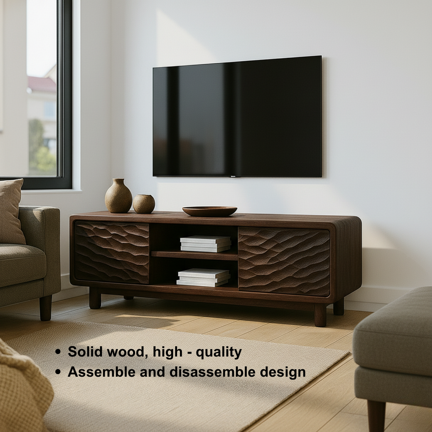 Solid Wood TV Stand with Wave-Pattern Doors & Open Shelving - Modern Living Room Design Kitchnce
