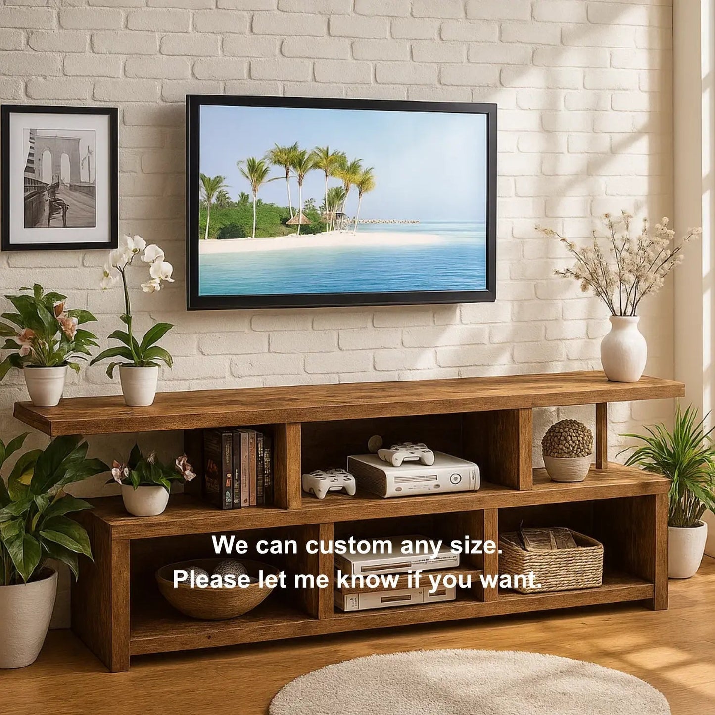 Handcrafted Solid Wood TV Stand – Rustic Modern Media Console with Open Shelves for Living Room Storage and Display Kitchnce
