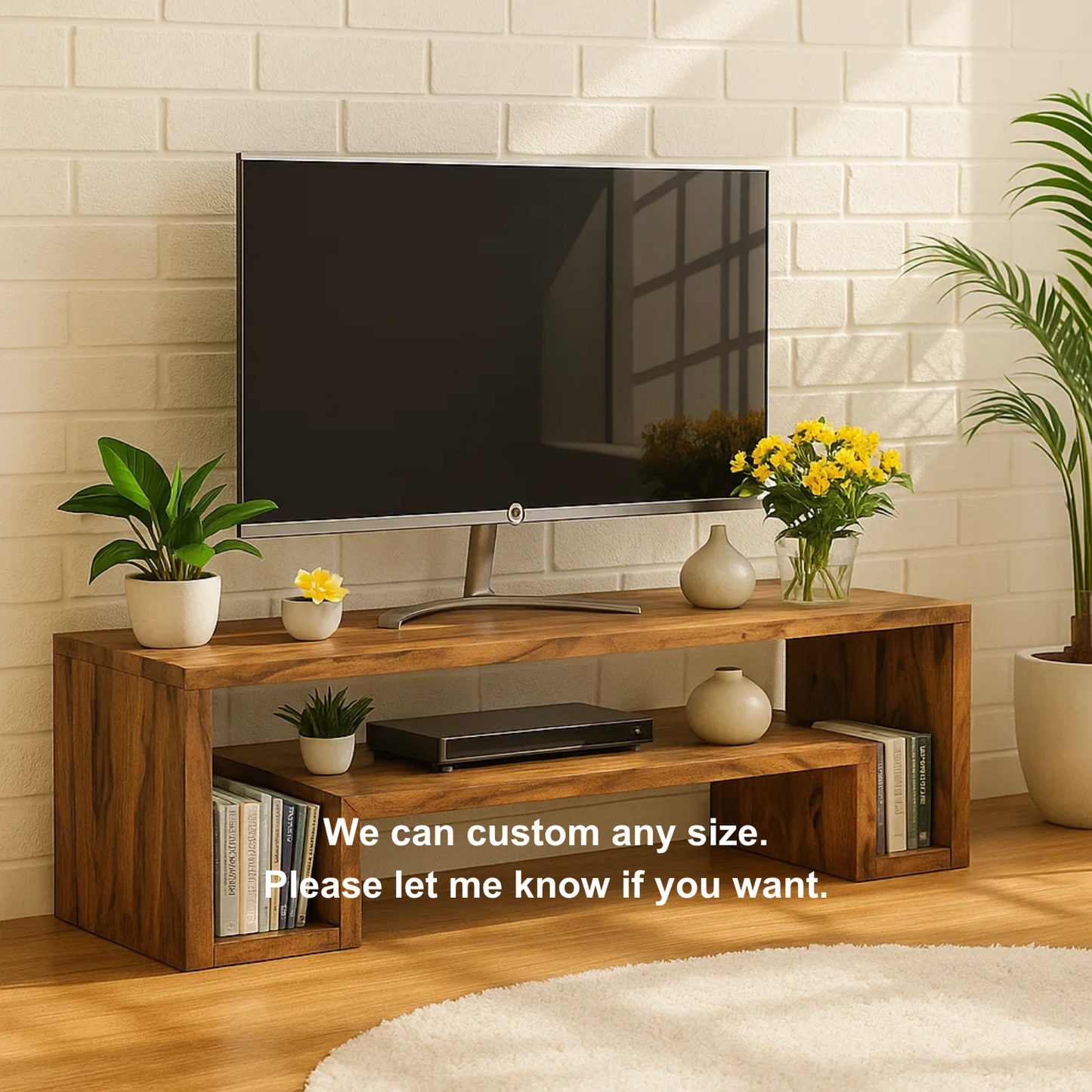 Handcrafted Solid Wood TV Stand – Modern Minimalist Media Console with Open Shelves and Natural Warm Finish Kitchnce