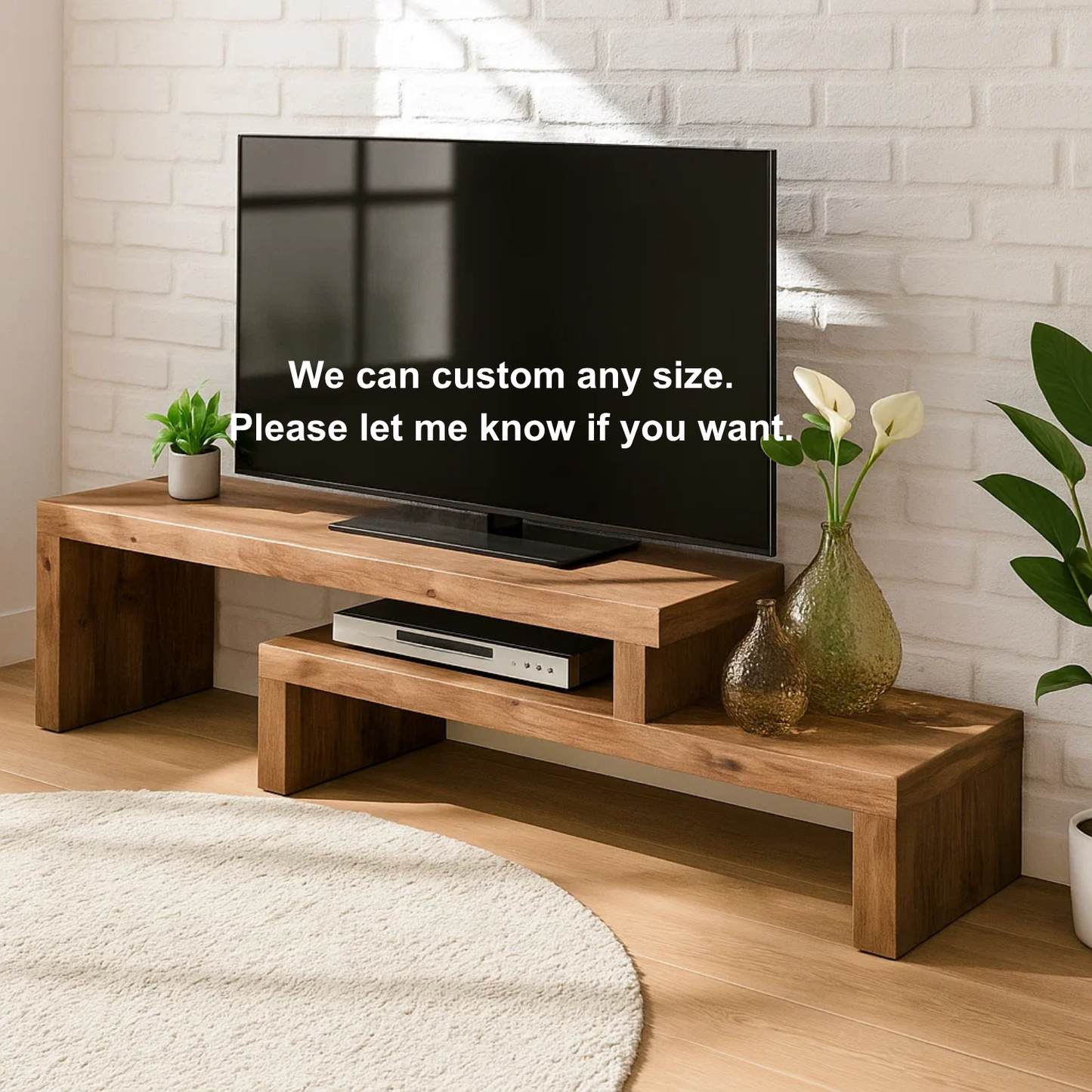 Handcrafted Solid Wood TV Stand – Modern Zen Media Console with Asymmetrical Two-Level Design and Natural Finish Kitchnce