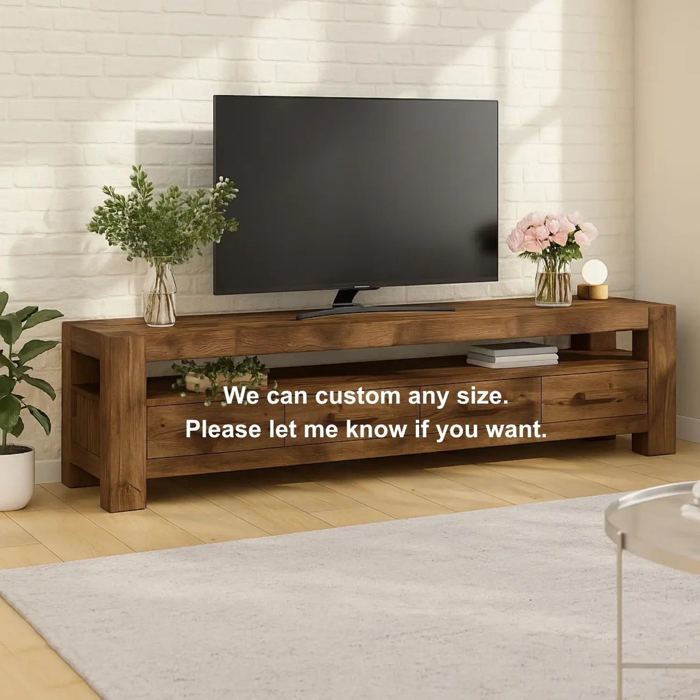 Handcrafted Solid Wood TV Stand – Modern Rustic Media Console with Drawers and Open Shelf in Natural Warm Finish Kitchnce