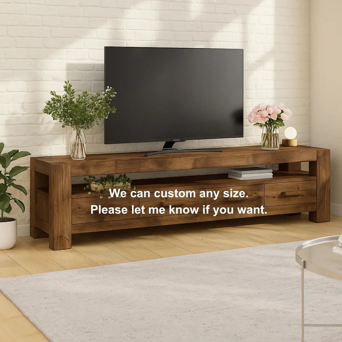 Handcrafted Solid Wood TV Stand – Modern Rustic Media Console with Drawers and Open Shelf in Natural Warm Finish Kitchnce