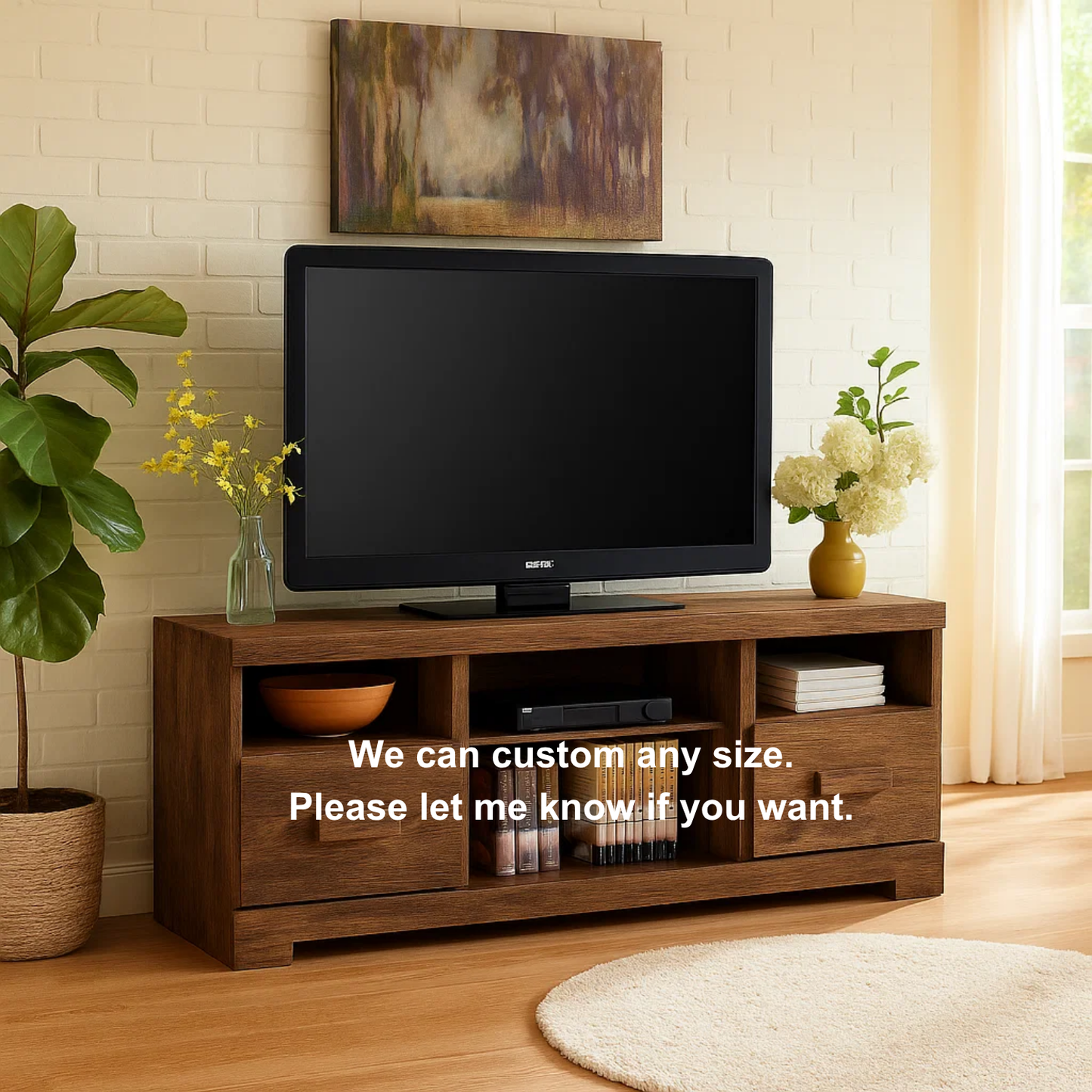 Rustic Solid Wood TV Stand – Handcrafted Media Console with Drawers and Open Shelves for Warm Modern Living Rooms Kitchnce