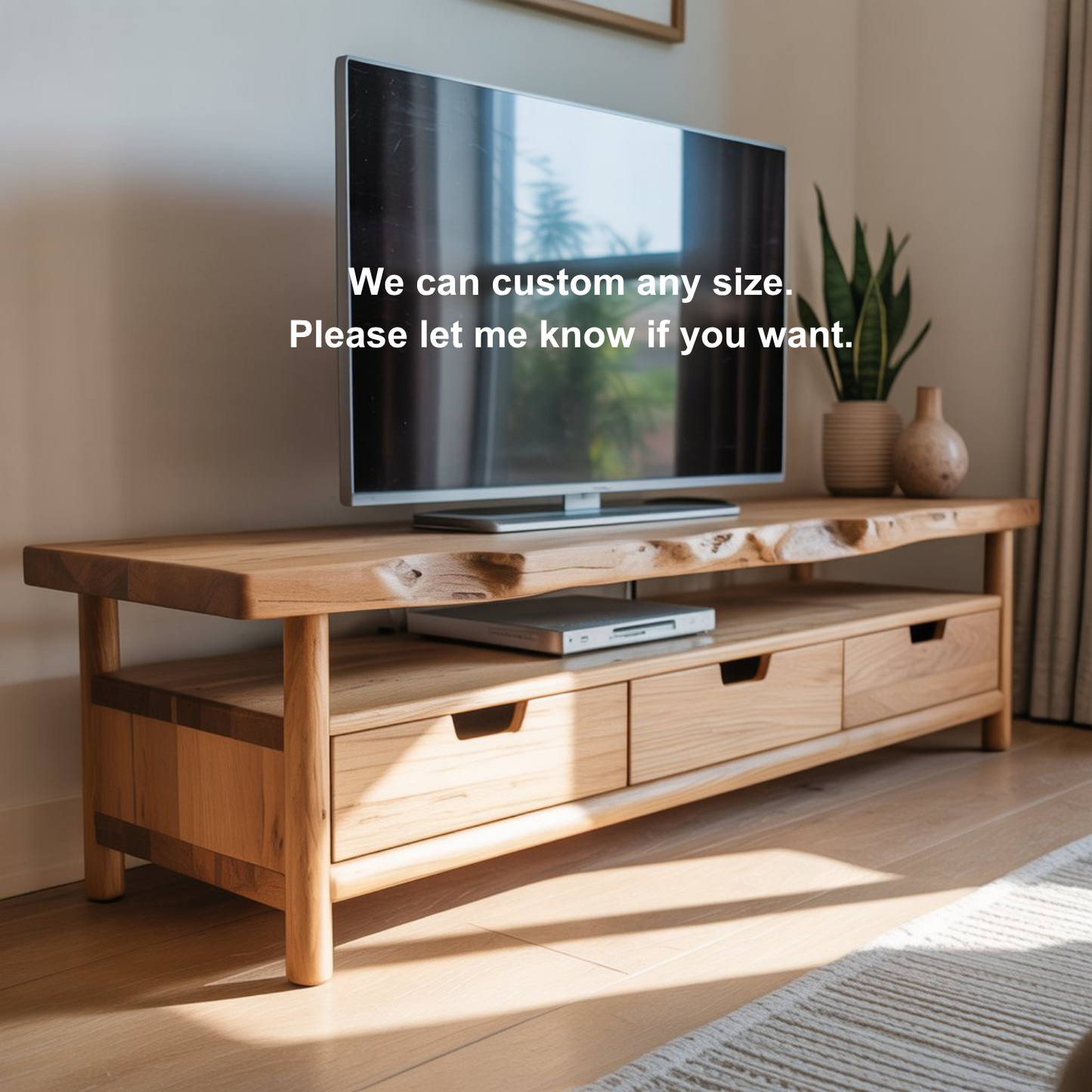 Handcrafted Light Solid Wood TV Stand – Scandinavian Live Edge Media Console with Drawers and Open Shelf Kitchnce