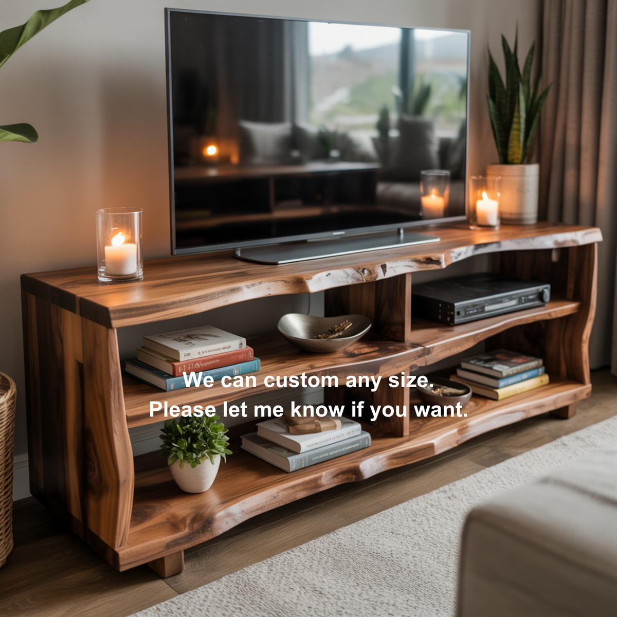 Rustic Live Edge Solid Wood TV Stand – Handcrafted Organic Media Console with 4 Open Shelves for Modern Living Spaces Kitchnce