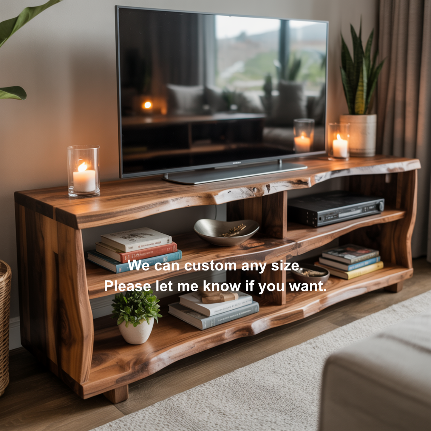 Rustic Live Edge Solid Wood TV Stand – Handcrafted Organic Media Console with 4 Open Shelves for Modern Living Spaces Kitchnce