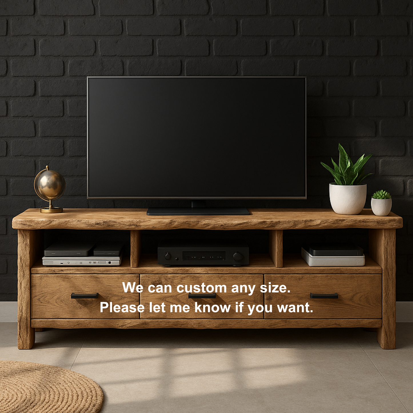 Rustic Solid Wood TV Stand with Live Edge – Handcrafted Media Console with Drawers and Open Shelves for Modern Organic Interiors Kitchnce
