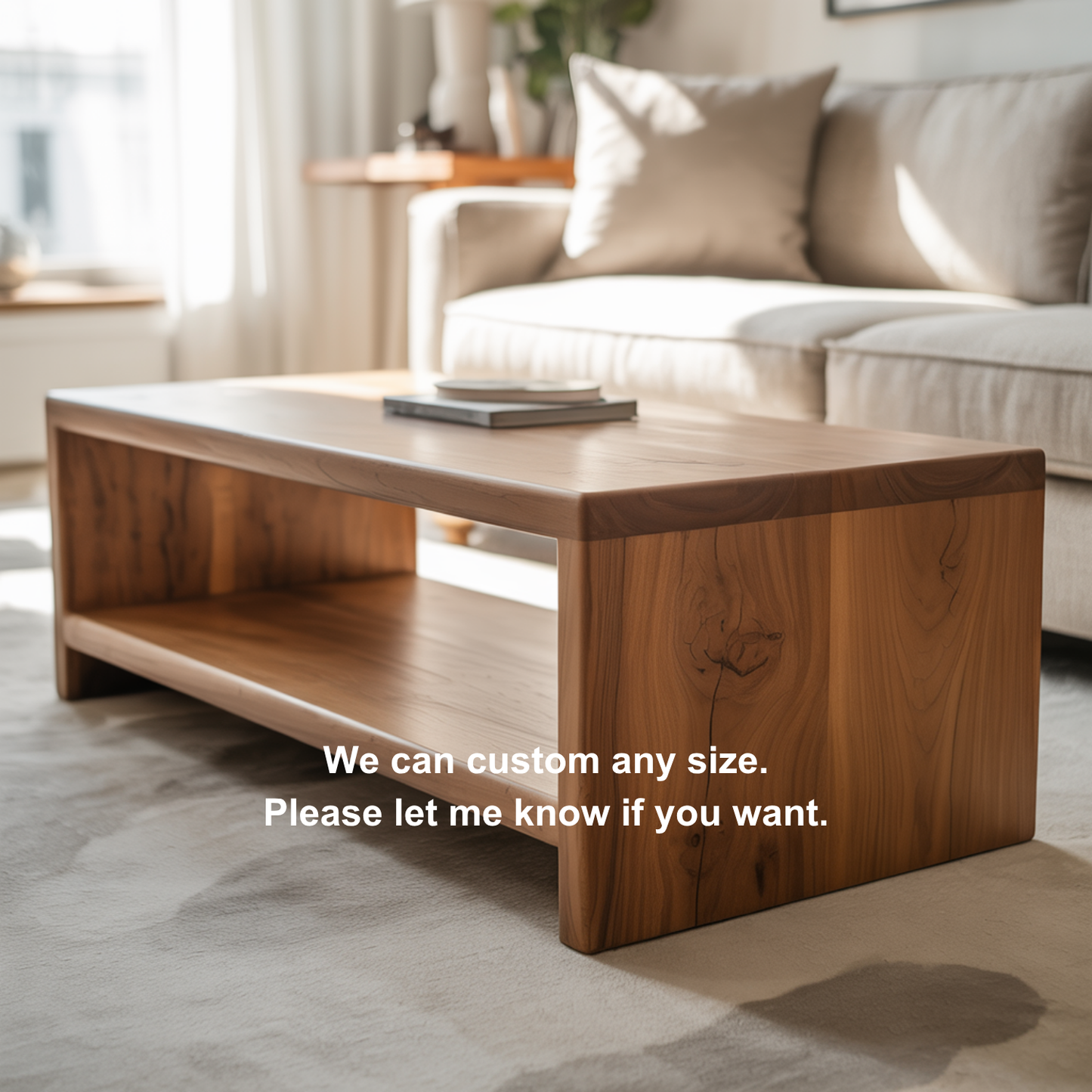 Handcrafted Solid Wood Coffee Table with Smooth Rounded Edges – Minimalist Natural Center Table with Open Shelf for Modern Living Rooms Kitchnce