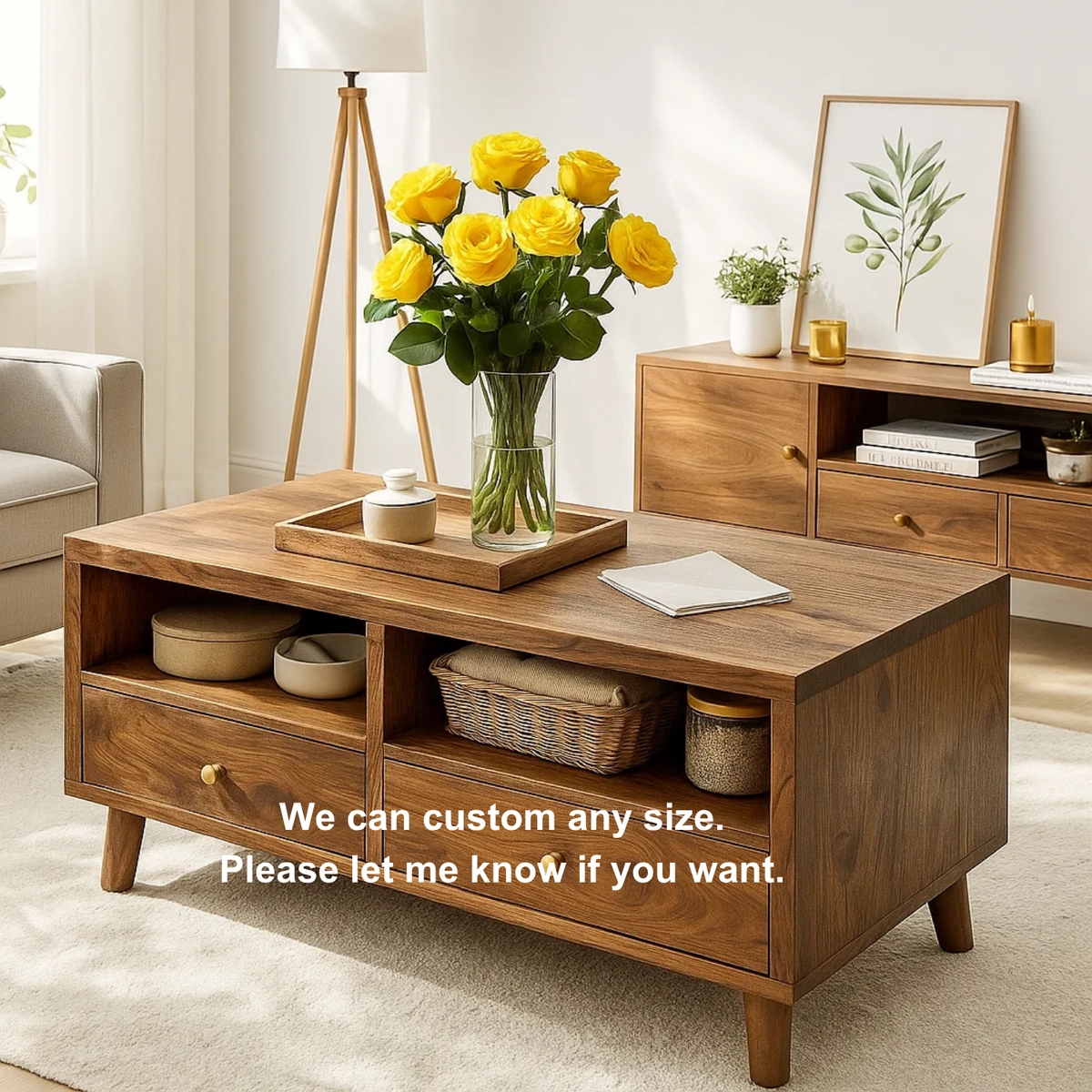 Handcrafted Solid Wood Coffee Table – Mid-Century Modern Wooden Center Table with Drawers and Open Storage for Living Room Kitchnce