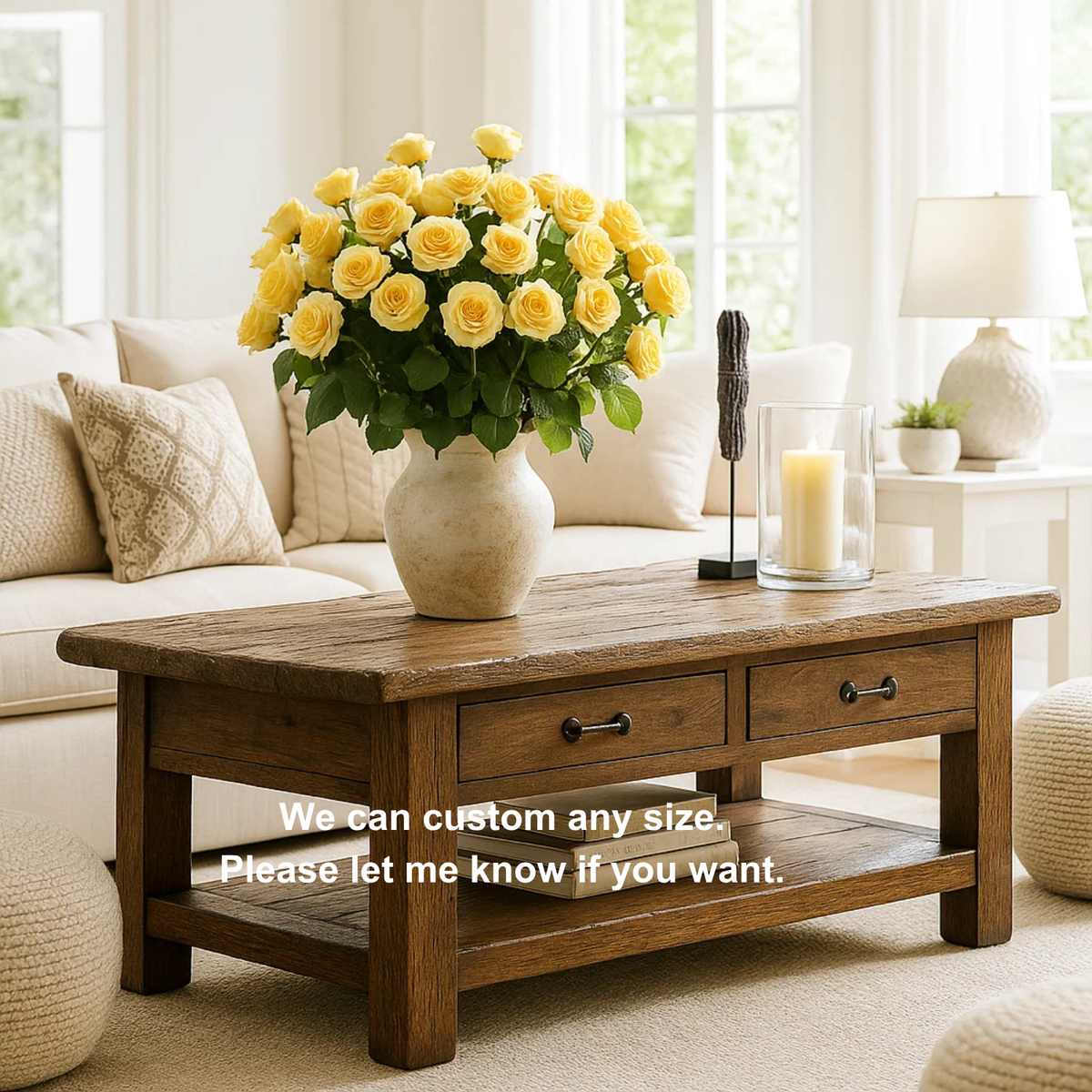 Handcrafted Solid Wood Coffee Table – Rustic Farmhouse Center Table with Drawers and Shelf for Cozy Living Room Décor Kitchnce