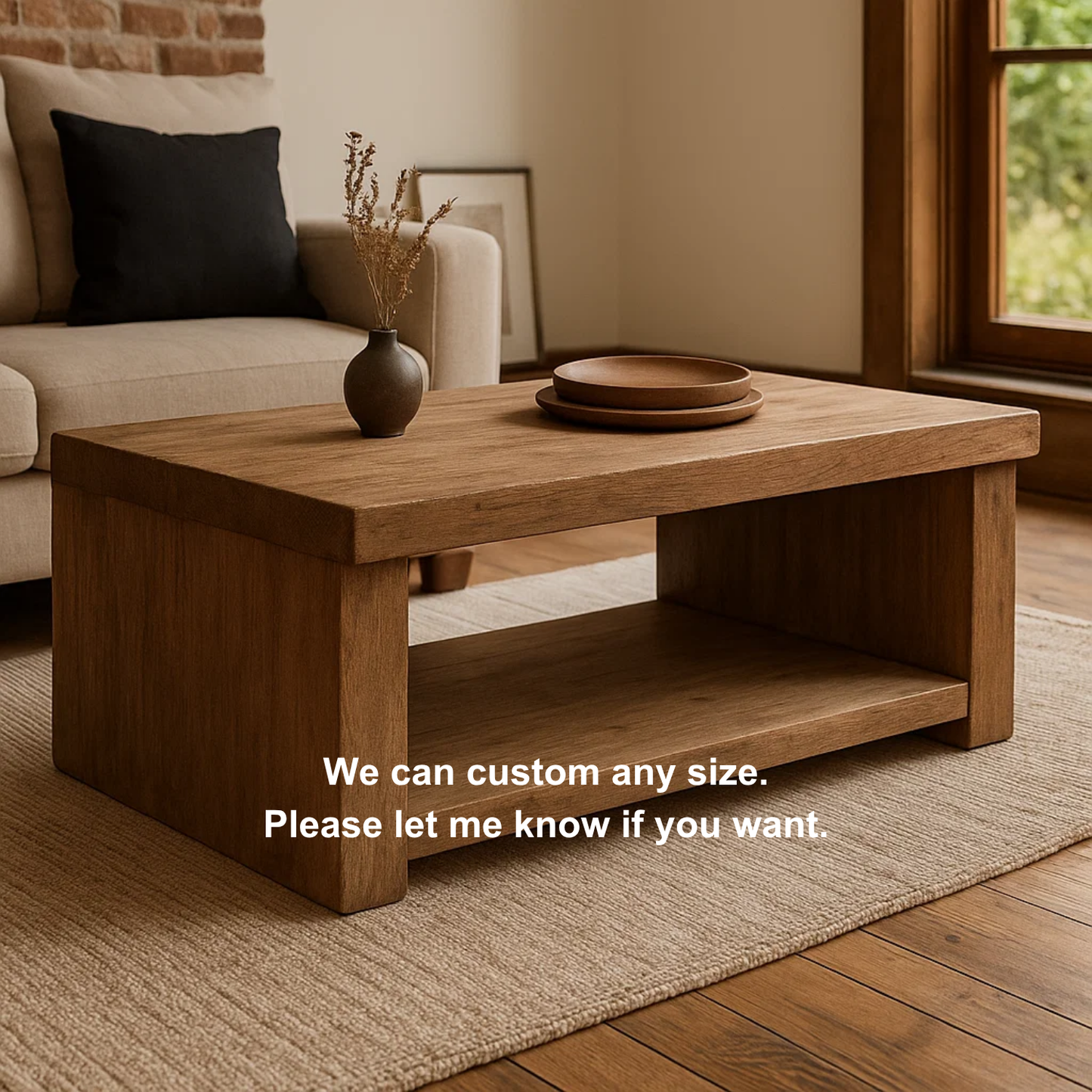 Handcrafted Solid Wood Coffee Table – Rustic Contemporary Center Table with Open Shelf and Matte Natural Finish Kitchnce