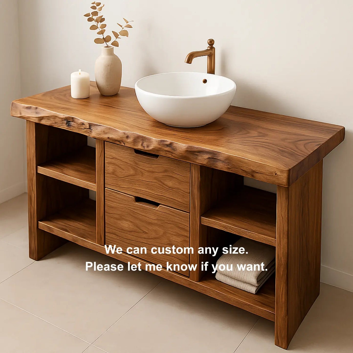 Handcrafted Solid Wood Bathroom Vanity with Live Edge Top and Open Shelves Kitchnce