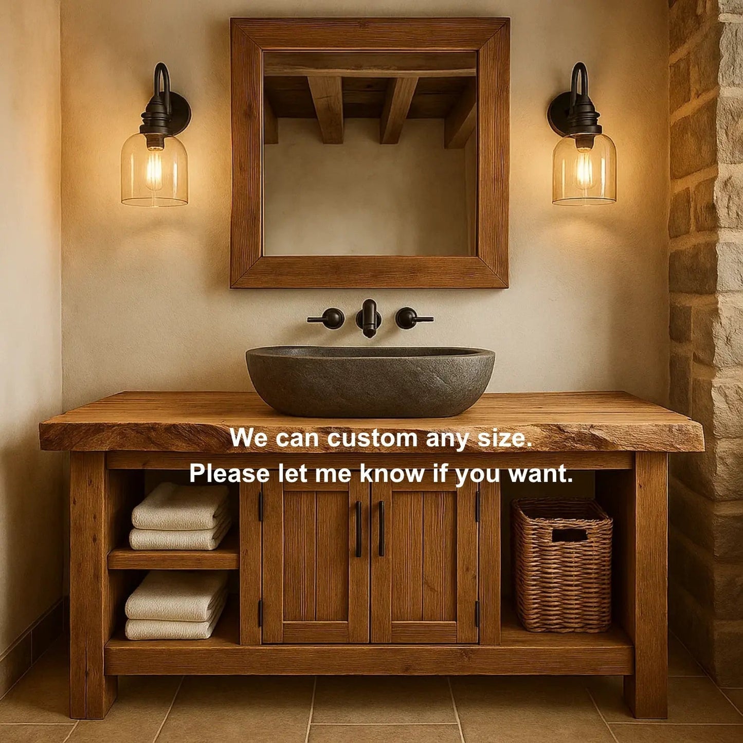 Handcrafted Solid Wood Bathroom Vanity with Live Edge Top and Double Door Storage Kitchnce