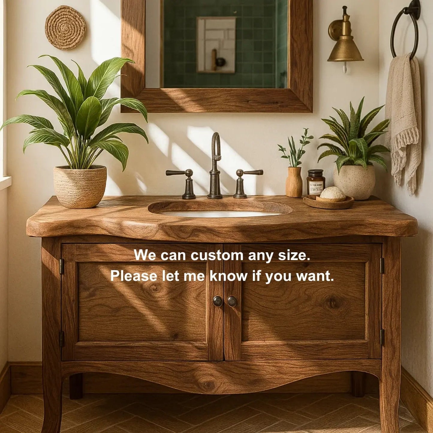 Handcrafted Solid Wood Bathroom Vanity with Curved Design and Double Door Storage Kitchnce