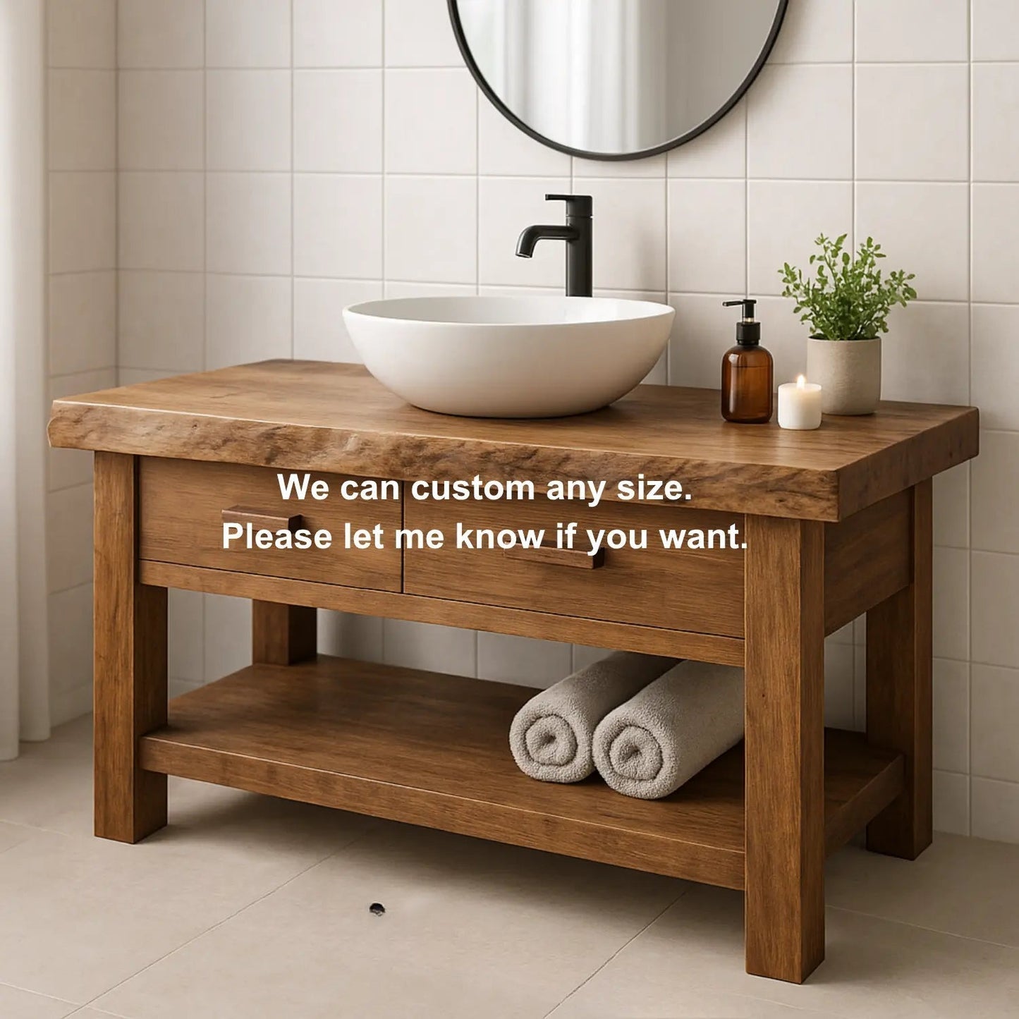 Handcrafted Solid Wood Bathroom Vanity with Live Edge Top and Open Shelf Storage Kitchnce