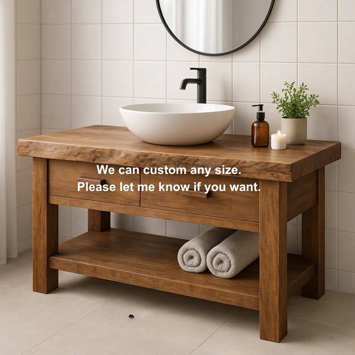 Handcrafted Solid Wood Bathroom Vanity with Live Edge Top and Open Shelf Storage Kitchnce
