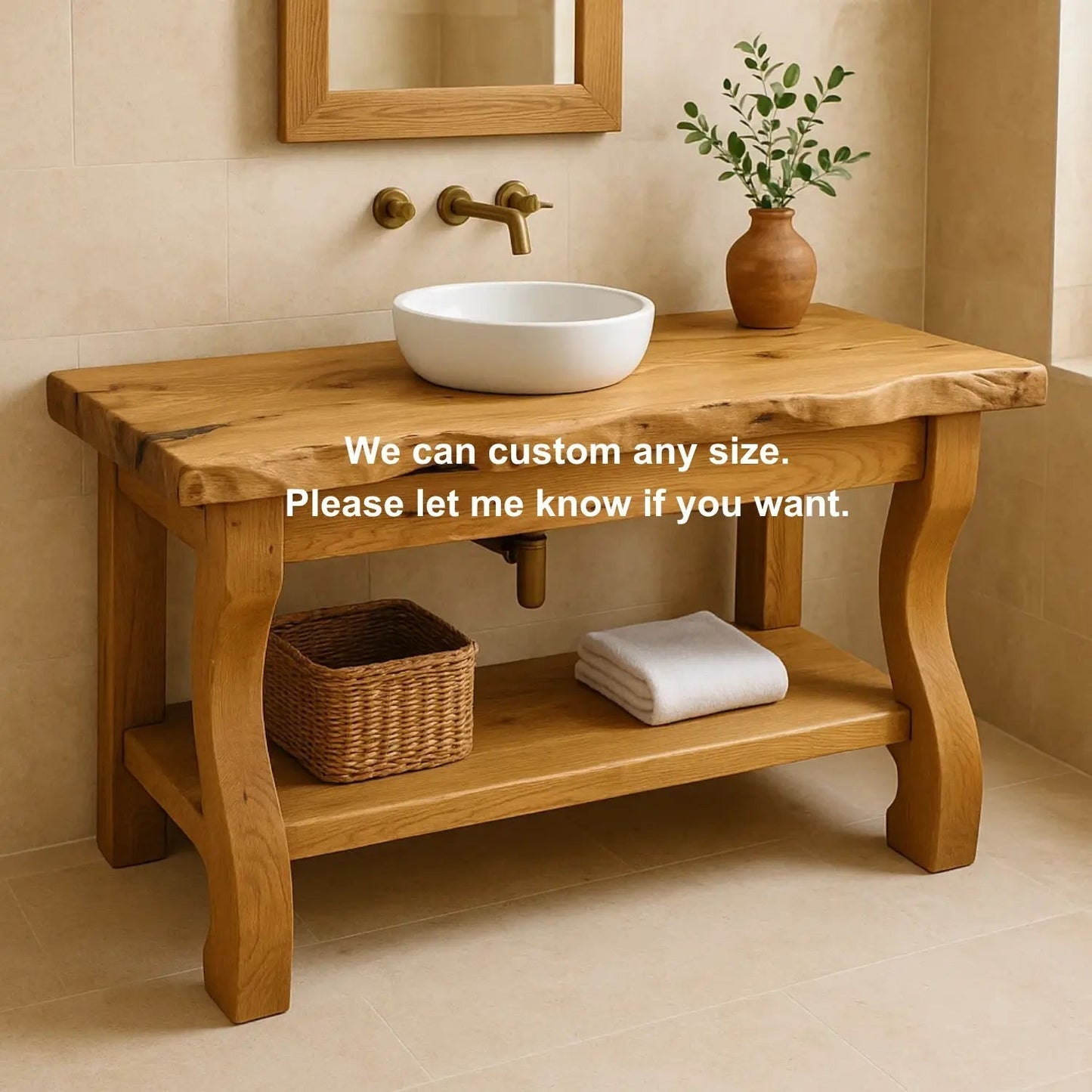 Handcrafted Solid Wood Bathroom Vanity with Curved Legs and Live Edge Countertop Kitchnce