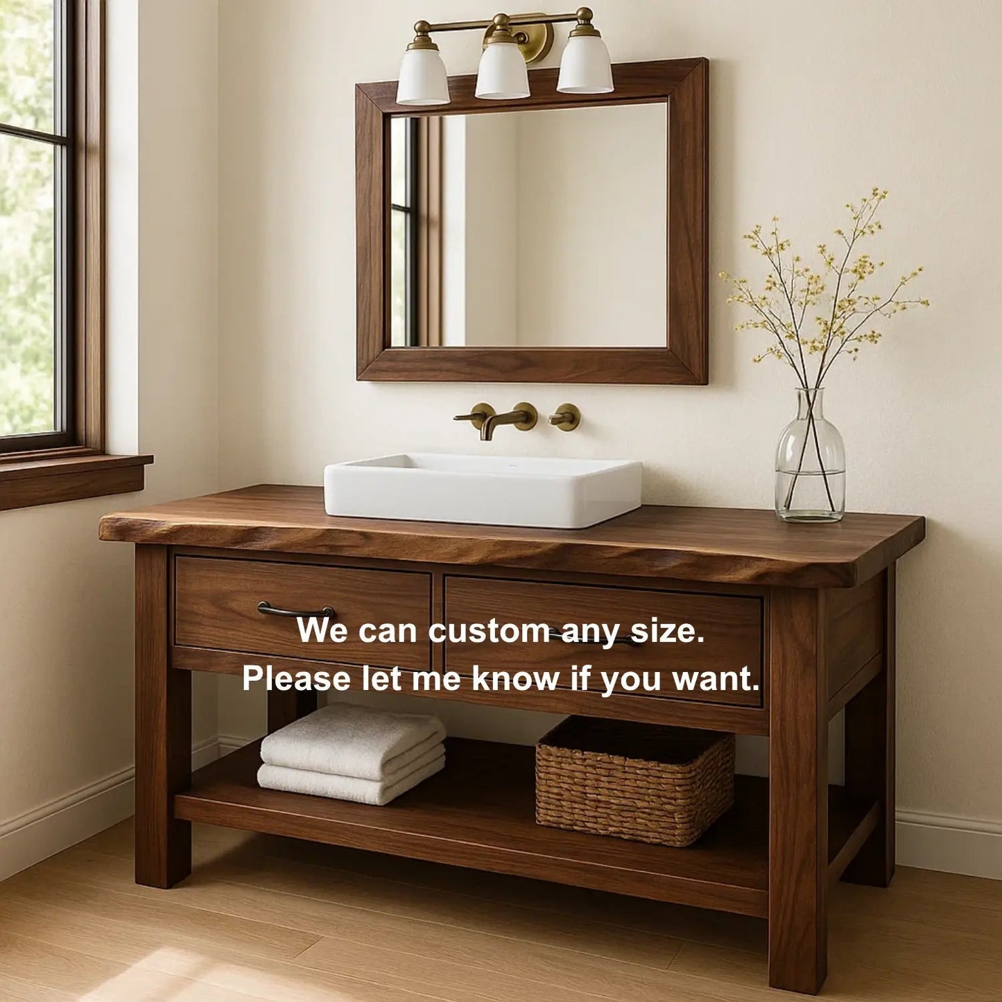 Handcrafted Solid Wood Bathroom Vanity with Live Edge Top and Double Drawer Storage Kitchnce
