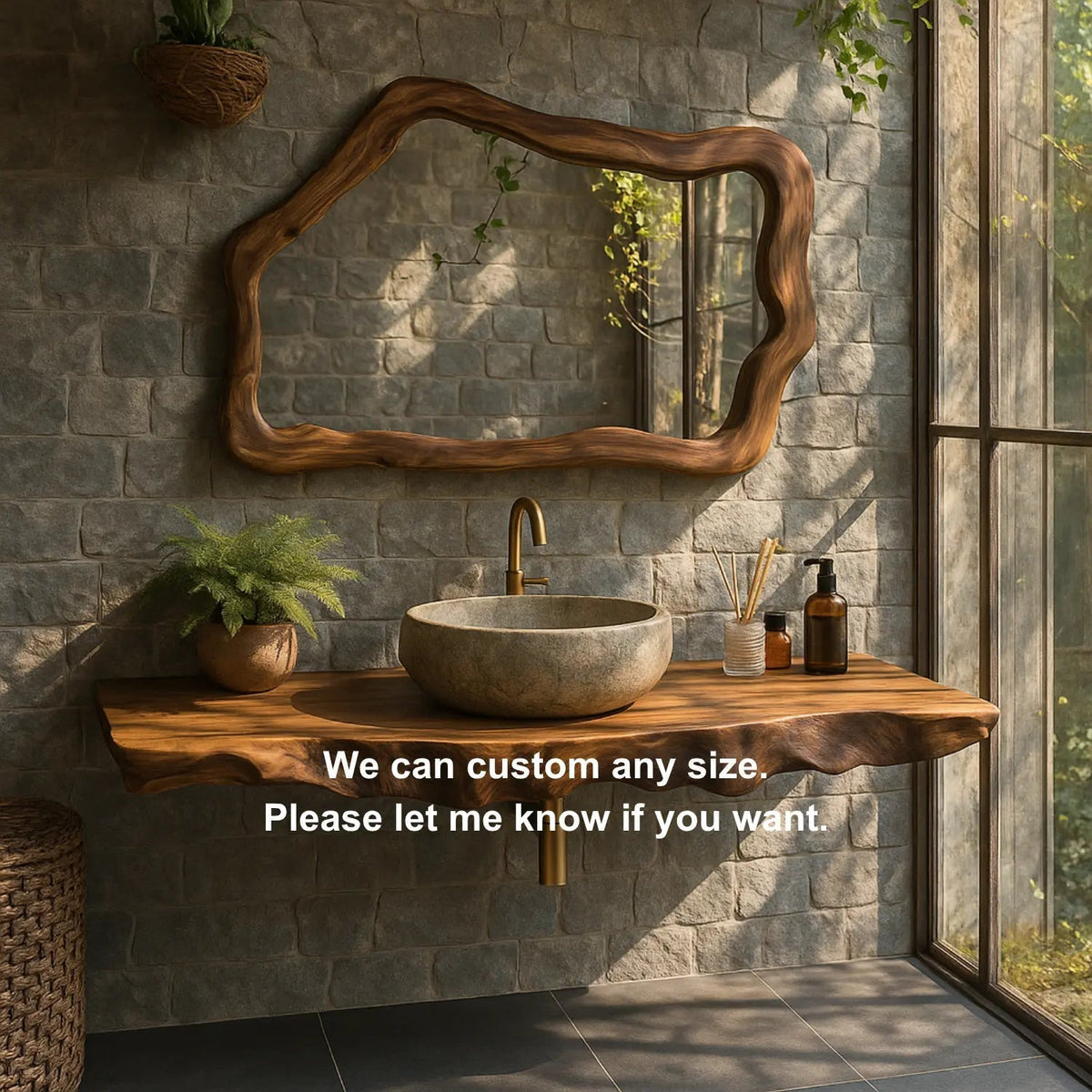 Handcrafted Solid Wood Floating Vanity with Natural Wave Edge for Organic Modern Bathrooms Kitchnce