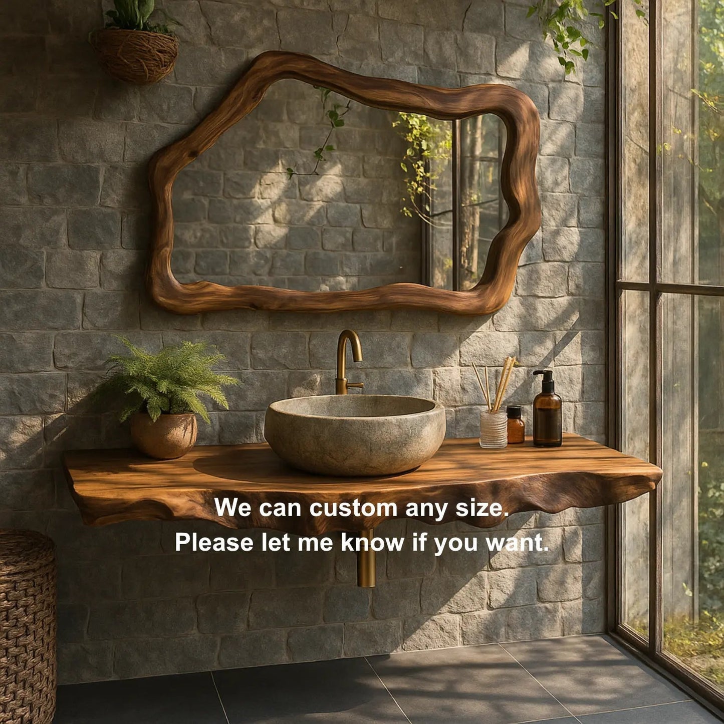 Handcrafted Solid Wood Floating Vanity with Natural Wave Edge for Organic Modern Bathrooms Kitchnce
