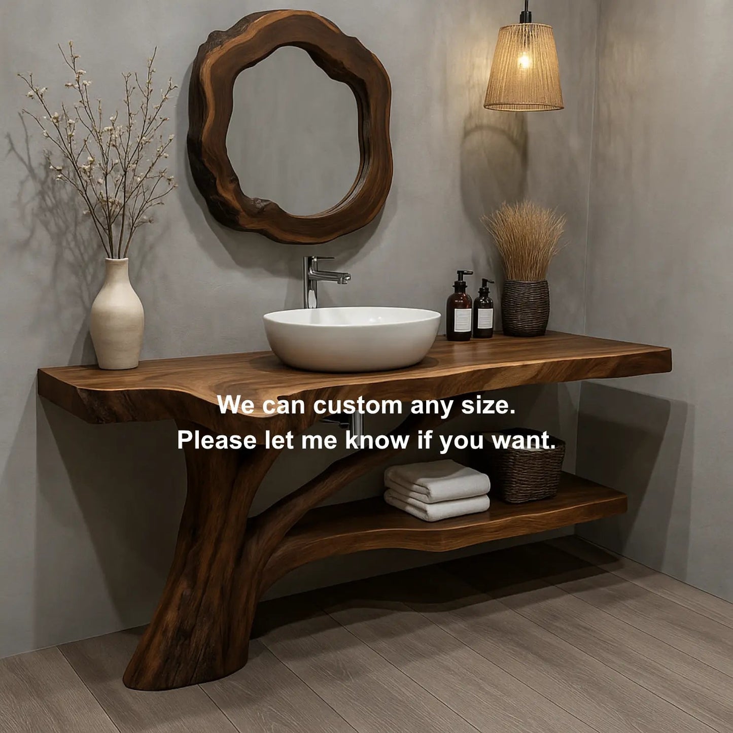 Handcrafted Solid Wood Vanity with Tree-Root Inspired Base and Organic Live Edge Design Kitchnce