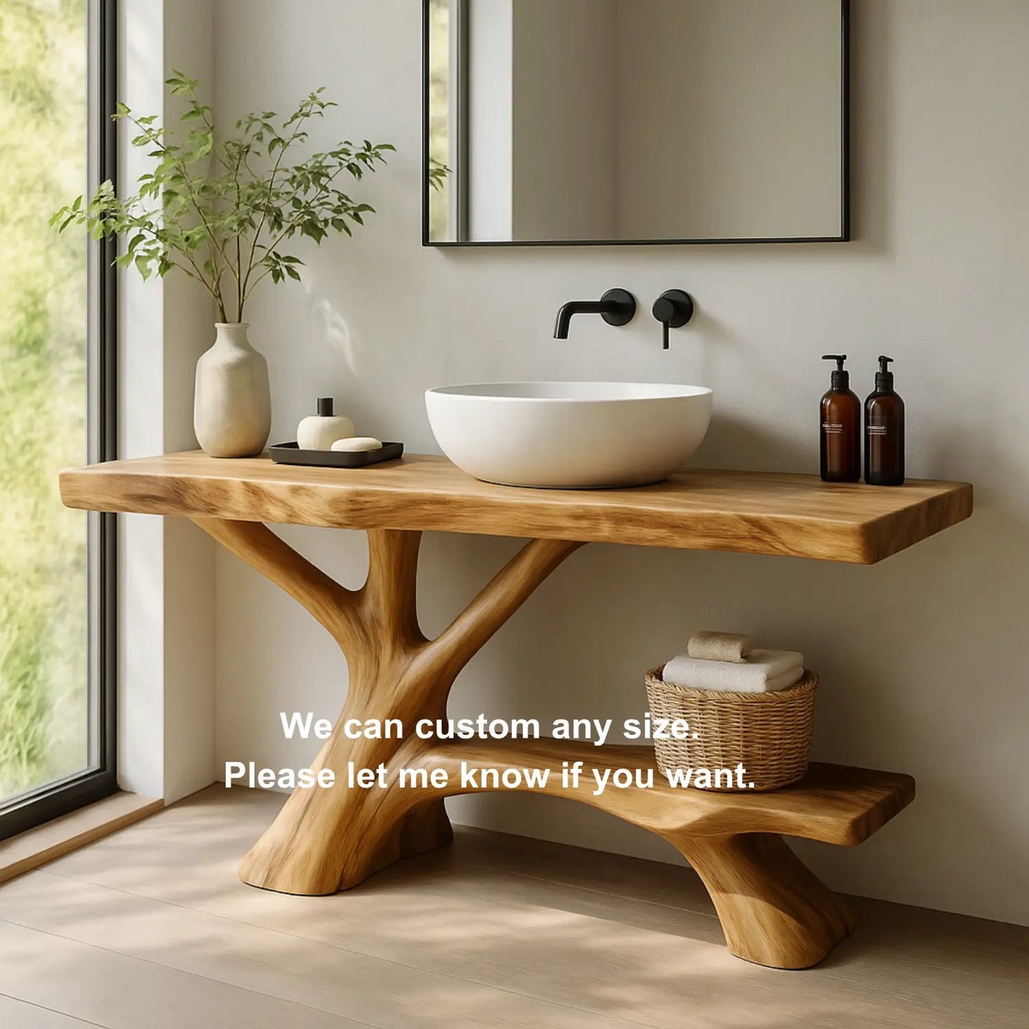 Handcrafted Solid Wood Vanity with Branch-Inspired Base and Organic Sculptural Design Kitchnce