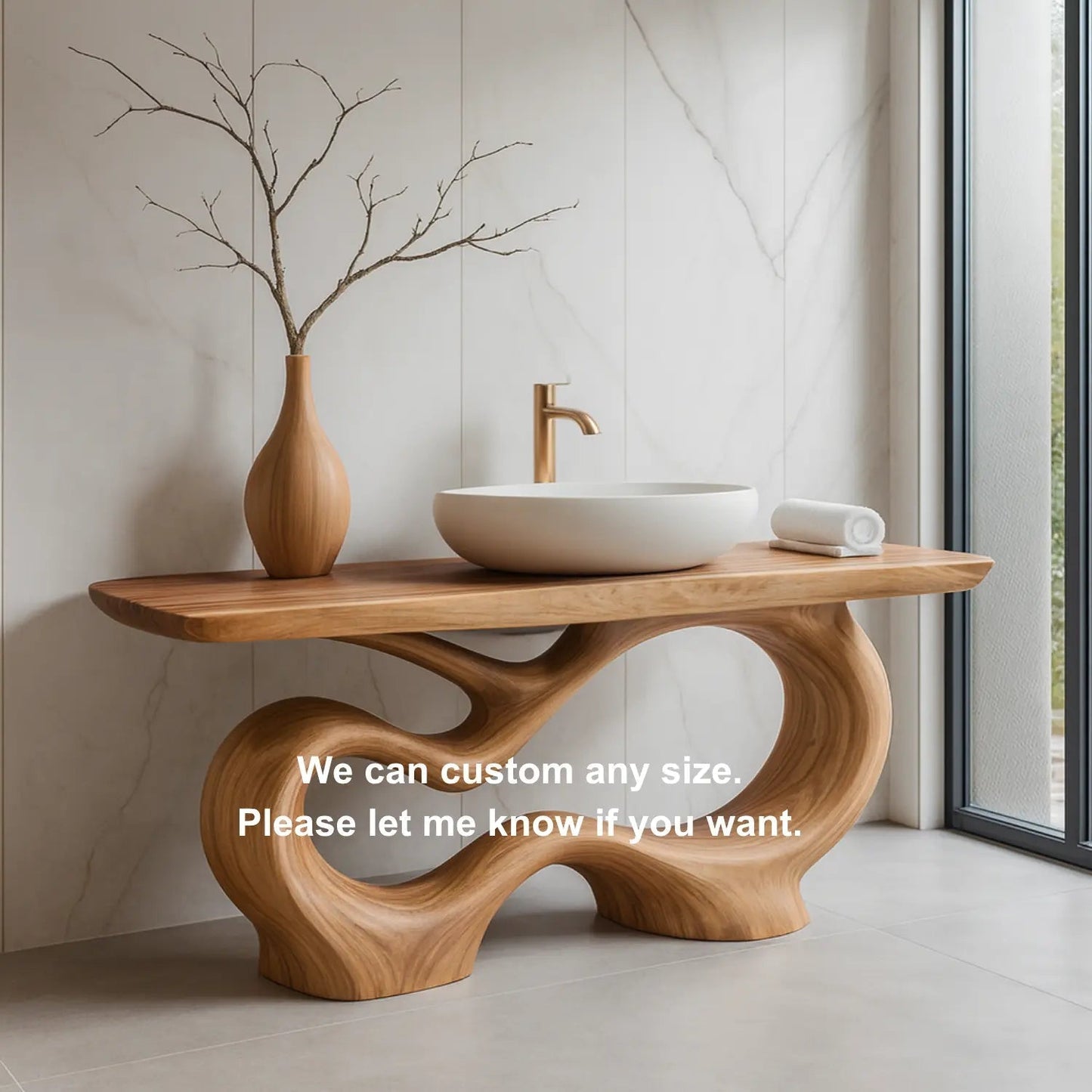 Handcrafted Solid Wood Sculptural Vanity with Organic Curved Base for Modern Interiors Kitchnce
