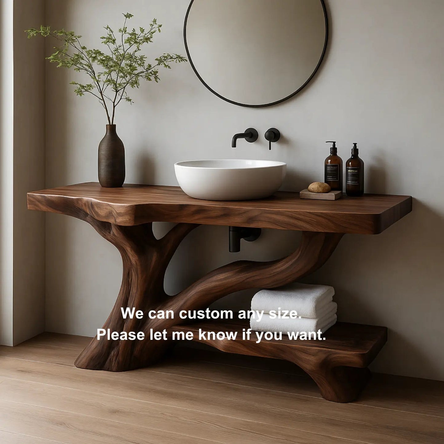 Handcrafted Solid Wood Vanity with Flowing Tree Trunk Base and Organic Sculptural Form Kitchnce