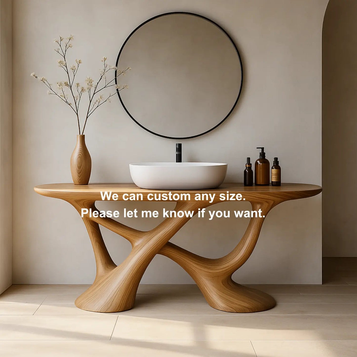 Handcrafted Solid Wood Vanity with Fluid Organic Shape and Modern Sculptural Design Kitchnce